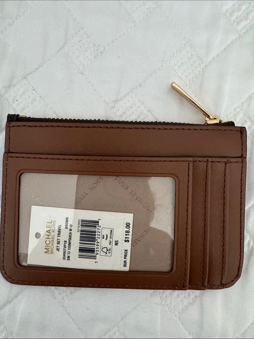 Michael Kors Brown Logo Zip Card Pouch with Gold Hardware